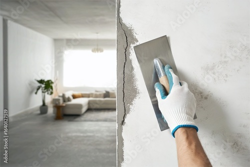 person fix crack in living room with cement and trowel