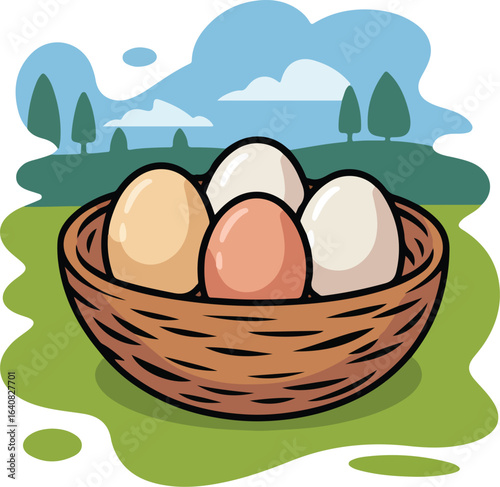 Basket filled with fresh brown and white eggs isolated on white background