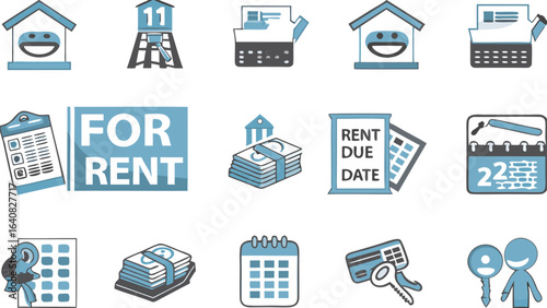 Illustration showing various rental property related icons including houses and rent due dates icons