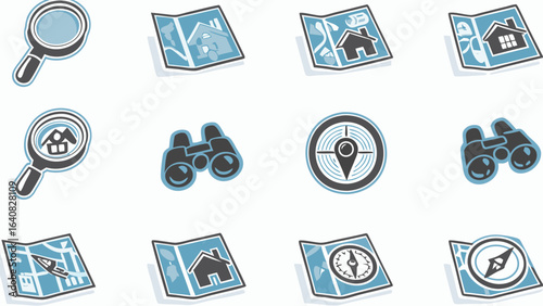 Illustration of maps binoculars compass and magnifying glasses for navigation and searching needs