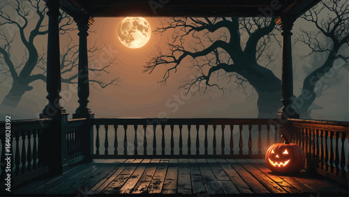 Haunted Porch at Night: Full Moon and Jack-o'-Lantern with Fog