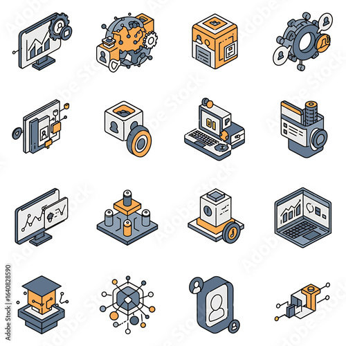 16 isometric icons featuring technology data and networking concepts