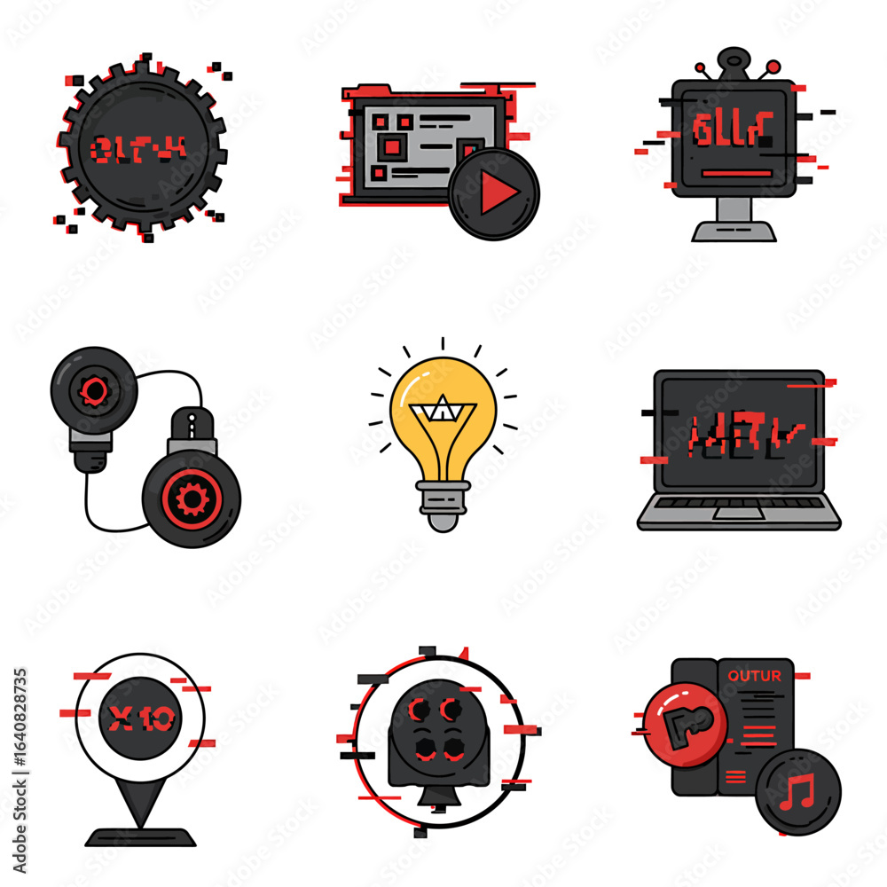Naklejka premium A collection of nine glitchstyle icons each with a distinct futuristic theme
