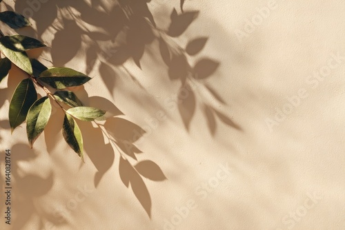 Pale beige backdrop with sun-dappled leaves and shadows