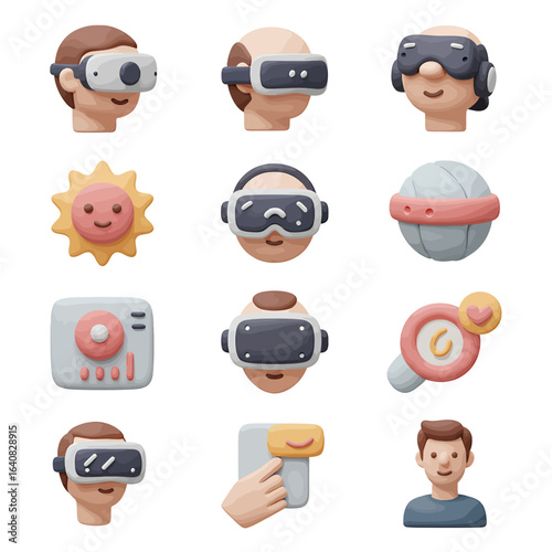 A grid of 9 pixelated icons depicting virtual reality themes and related objects