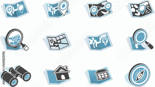 Various navigational icons including maps, binoculars, compass and magnifying glass are displayed here