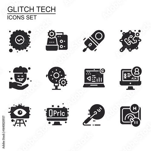 A grid of 12 black and white icons representing technology