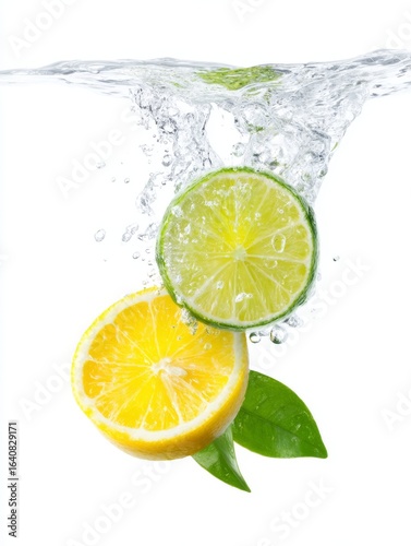 Fresh citrus fruits splash into clear water. A vibrant lemon and lime create a lively scene. Perfect for food themes, summer drinks, or healthy living. Bright colors bring joy. AI