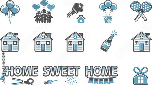 Illustration showcasing home ownership with houses, balloons, family, and celebratory elements