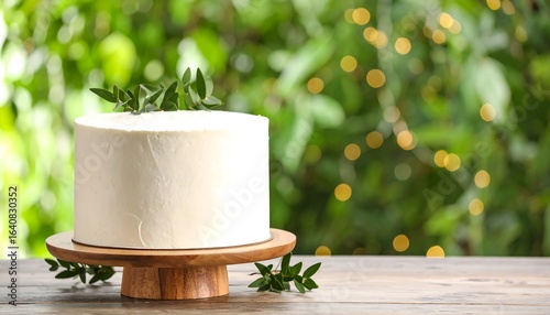 Simple white cake on wooden stand, outdoors