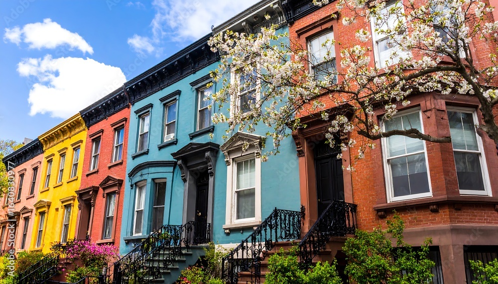 Obraz premium Colorful row houses in a city neighborhood.