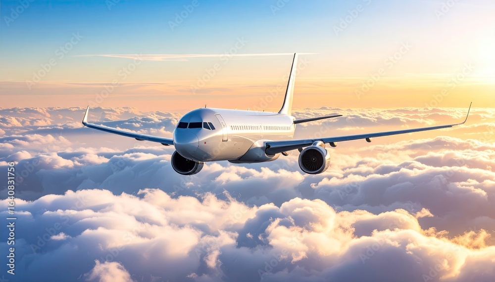 Obraz premium A white passenger airplane flies above a layer of white clouds during a sunset.