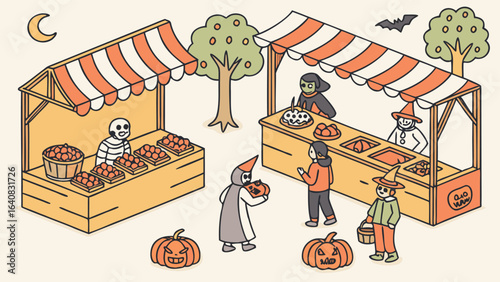 A charming isometric illustration depicts a lively halloween market scene with costumed characters selling treats and pumpkins under striped awnings