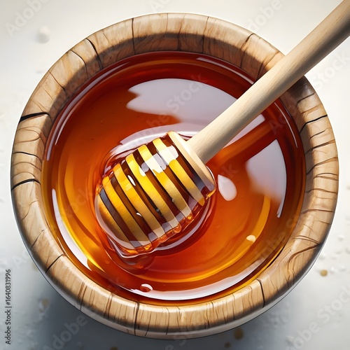 Golden Honey in Wooden Bowl with Honey Dipper