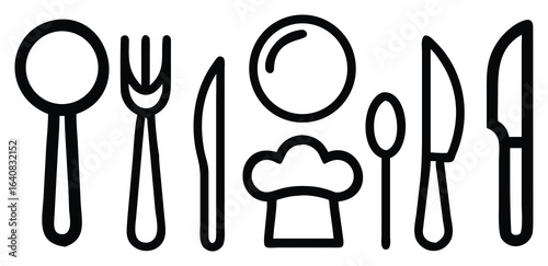 A black outline illustration of kitchen and dining icons including a spoon, fork, knife, plate, chef hat, and other cooking utensils, perfect for restaurant branding, culinary websites, menus, or food