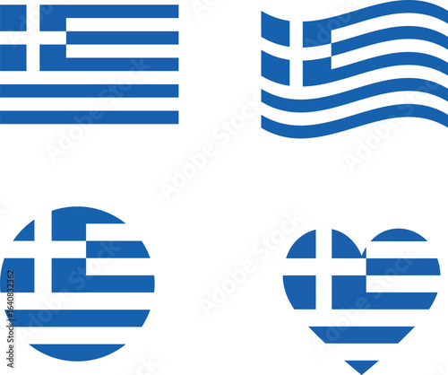 Greece flag set of icons. A set of flags in  rectangular , wavy, heart and round shapes. Flag icon. Standard colors. Vector illustration.

