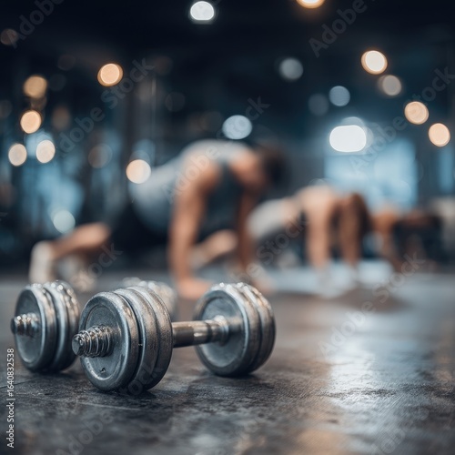 Blurred gym scene, dumbbells on floor