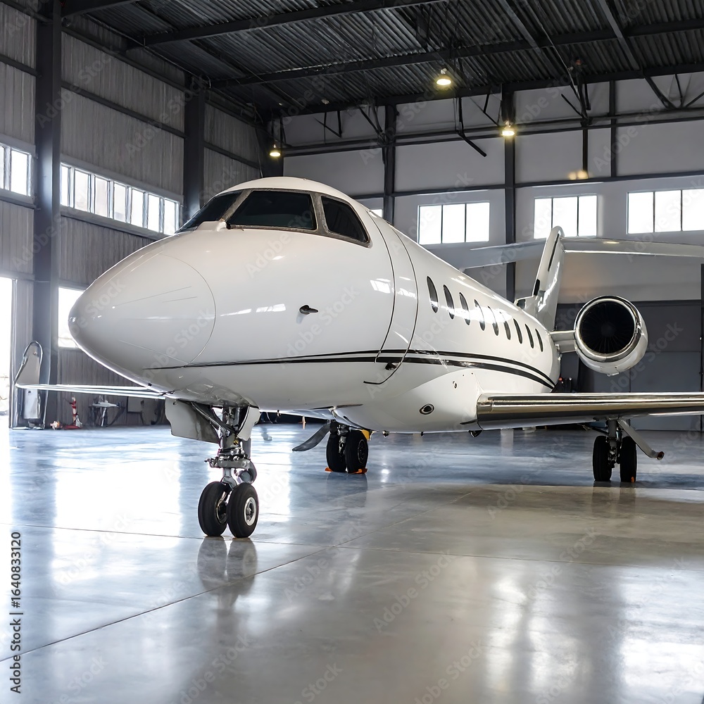 Obraz premium Sleek white private jet inside a hangar