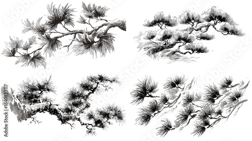 Elegant black ink pine tree branch illustrations, perfect for traditional Japanese art, nature-themed designs, and landscape decoration projects.