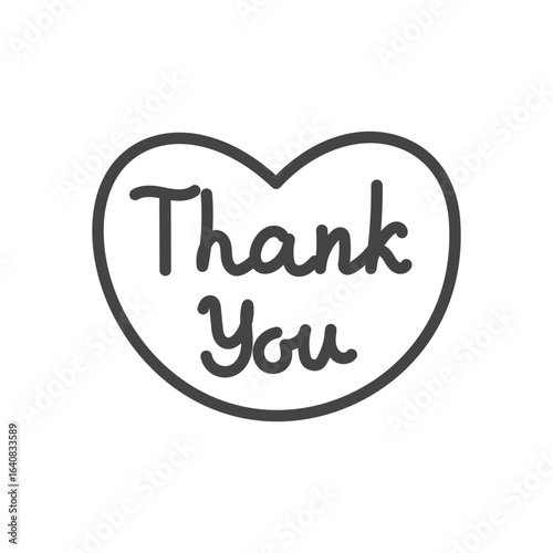 Cute Thank you card icon. Monochrome illustration of a heart with “Thank you” handwritten message. Kawaii sticker. Vector 10 EPS.