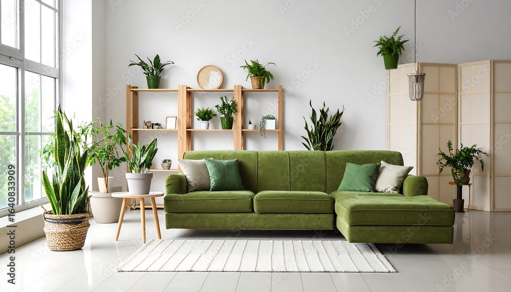 Fototapeta premium Cozy green living room with plants and sunlight with modern home interior.