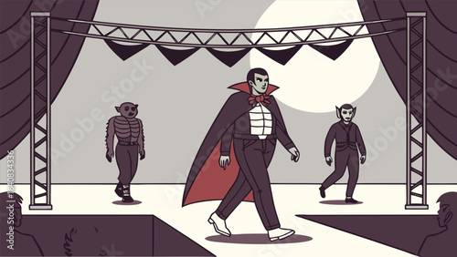 Monsters on the runway a fashion show featuring vampires and a ghoul under a spotlight with an audience watching