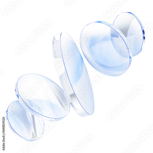 3d glass transparent disks flying on light blue background. Abstract geometric shapes, crystal circle plates, acrylic or plastic discs, clear round lens with gradient texture render