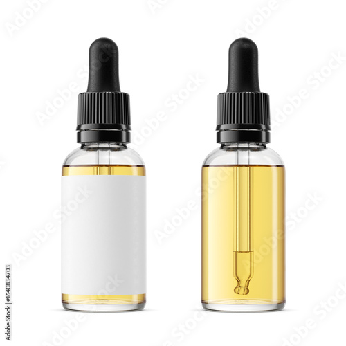 Clear essential oil bottles with droppers with label and clean isolated. 3D rendering illustration. Transparent PNG image.