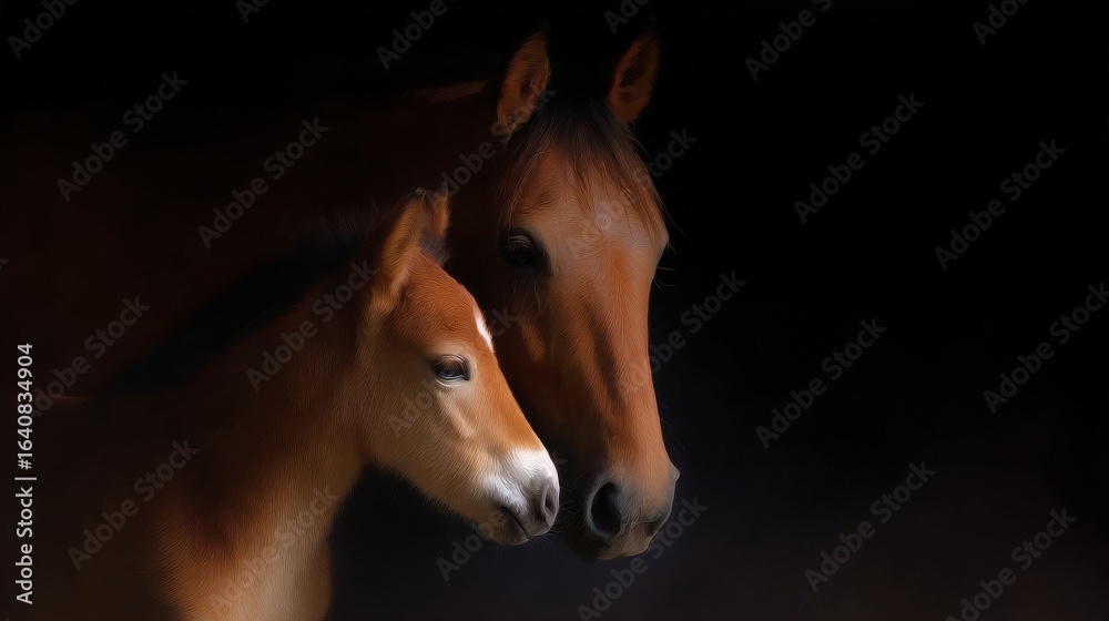 Fototapeta premium Intimate moment between two horses in soft focus. The warm colors lend a gentle atmosphere. Perfect for equine art lovers, this image captures connection. Emotional, serene, and beautiful. AI