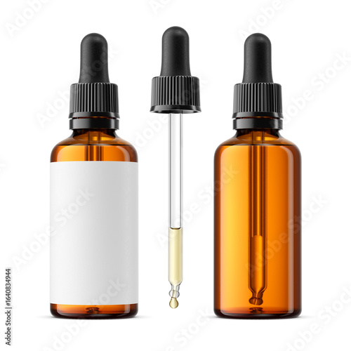 Amber glass cosmetic dropper 50ml bottle isolated. 3D rendering illustration. Transparent PNG image.