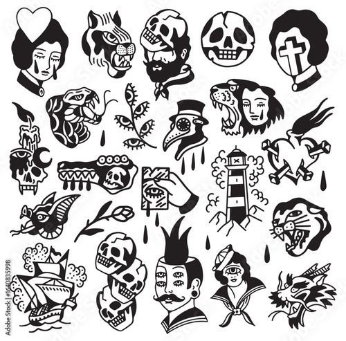 Hand drawn tattoo vector doodle set Art & Illustration