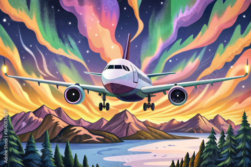 Jet plane above mountains under glowing northern light, dramatic aviation photography, polar region travel, night sky exploration, and scenic high-altitude adventure visual