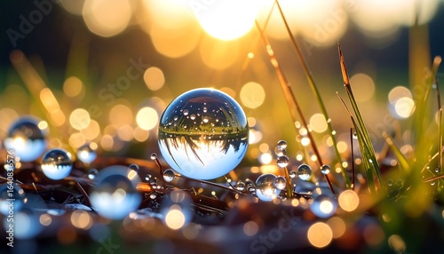 Crystal ball reflecting nature at sunrise with dew drops with bokeh effect.