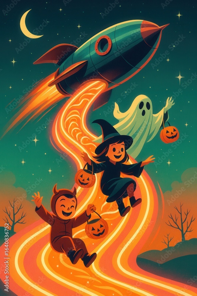 Fototapeta premium Halloween illustration of a witch, ghost and devil costume characters riding a rocket's fiery trail through starry night sky with pumpkin buckets