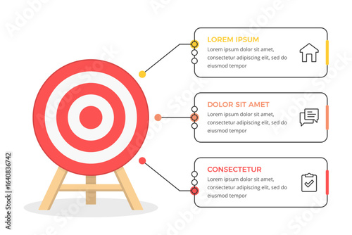 Business infographic showing red target with wooden stand connected to three information boxes, goal achievement and strategy presentation concept