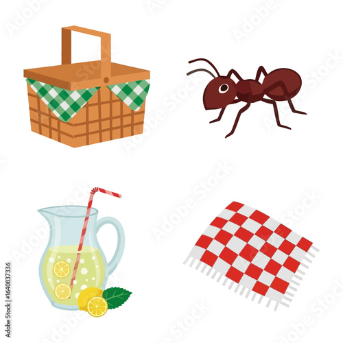Illustration of a picnic basket, blanket, ant and lemonade that can be used for summer events.