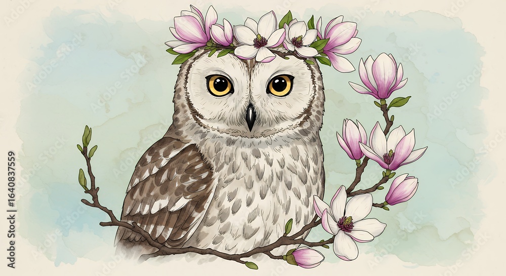 Fototapeta premium Owl with magnolia flower crown illustration
