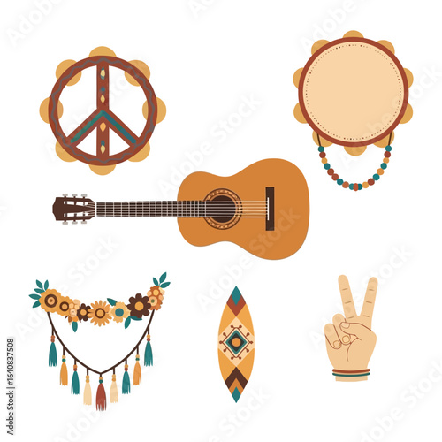 Collection of various boho musical instruments and elements including guitars, tambourines, flower garland and peace sign, ideal for decorative purposes.