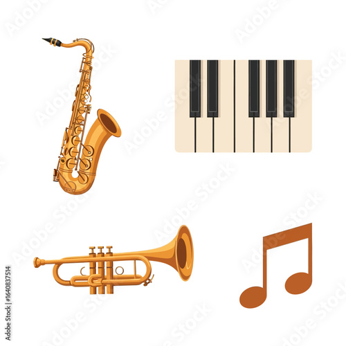 A saxophone, piano keys, trumpet, and musical note are arranged together, and can be used for learning about music.