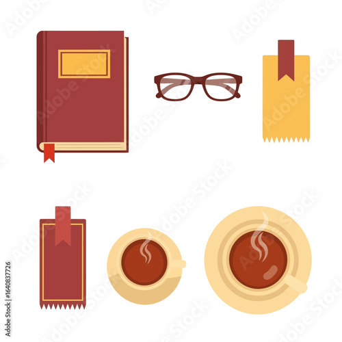 Overhead shot of a book, glasses, bookmarks and two cups of tea creates a study or reading theme, perfect for education or cozy content.