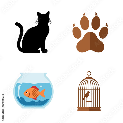 This image shows pet animal graphic icons, including a cat, paw, fishbowl with goldfish, and birdcage with bird, for use in designs.