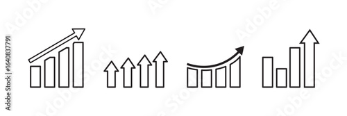 Growing bar graph icon on circle line. Rising arrow symbol vector