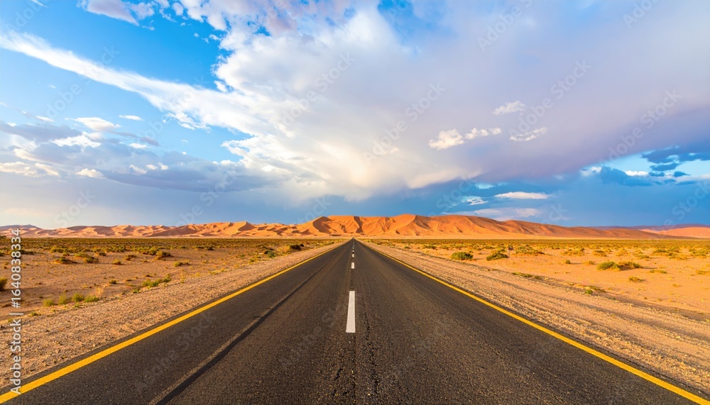 Naklejka premium A paved road stretches through a flat desert landscape towards distant mountains under a cloudy sky.