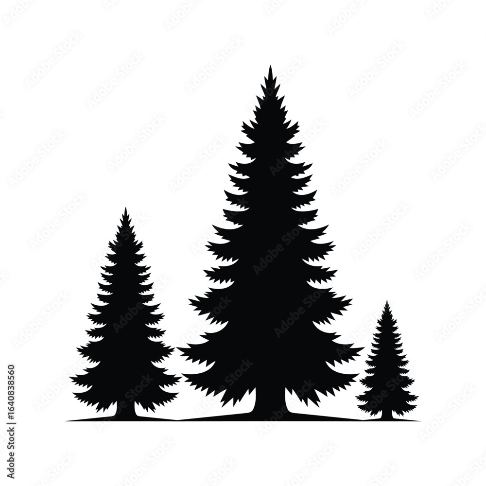 Obraz premium Silhouette of evergreen pine trees of varying heights against a stark white background, evoking a forest or wilderness scene.
