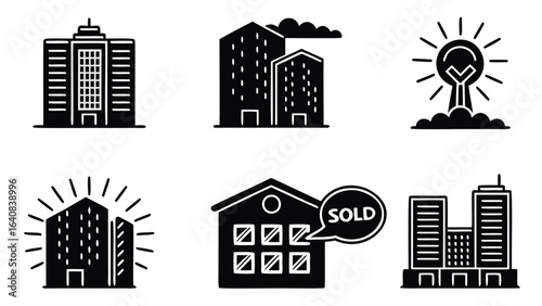 Illustration of real estate icons including buildings, sold house, and growth concept with lightbulb