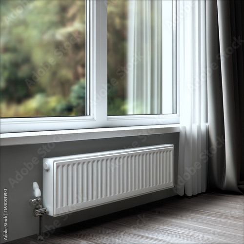 Wallpaper Mural White radiator heater under window with curtain, modern interior, cozy home, natural light, energy efficient, peaceful atmosphere Torontodigital.ca