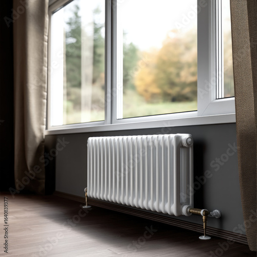 Wallpaper Mural White radiator heater under large window, modern interior, autumn view outside, cozy atmosphere, natural light, wooden floor Torontodigital.ca
