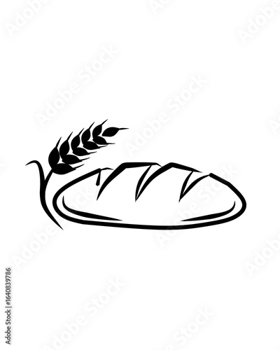A minimalist black-and-white illustration of a loaf of bread with a wheat sprig. Represents baking, wholesome food, and traditional grain-based products.