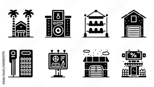 Illustration of various buildings and structures including a beach house and a billboard display
