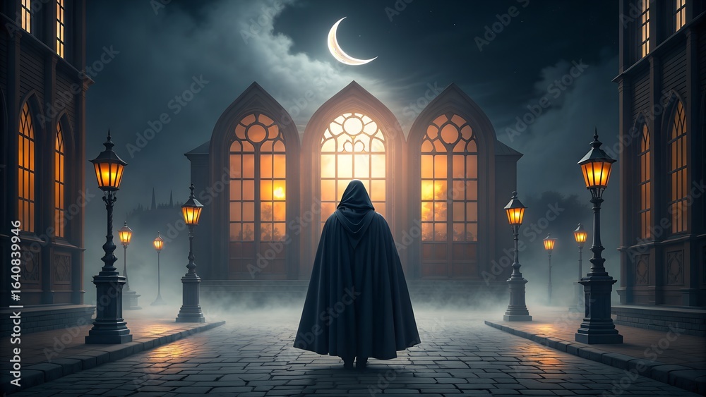 Naklejka premium Mysterious cloaked figure stands before illuminated gothic cathedral windows at night